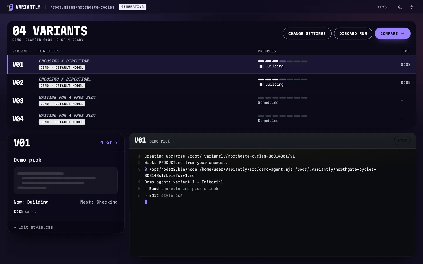 The departures board: V01 and V02 building, V03 and V04 waiting for a free slot, with V01’s live log underneath.