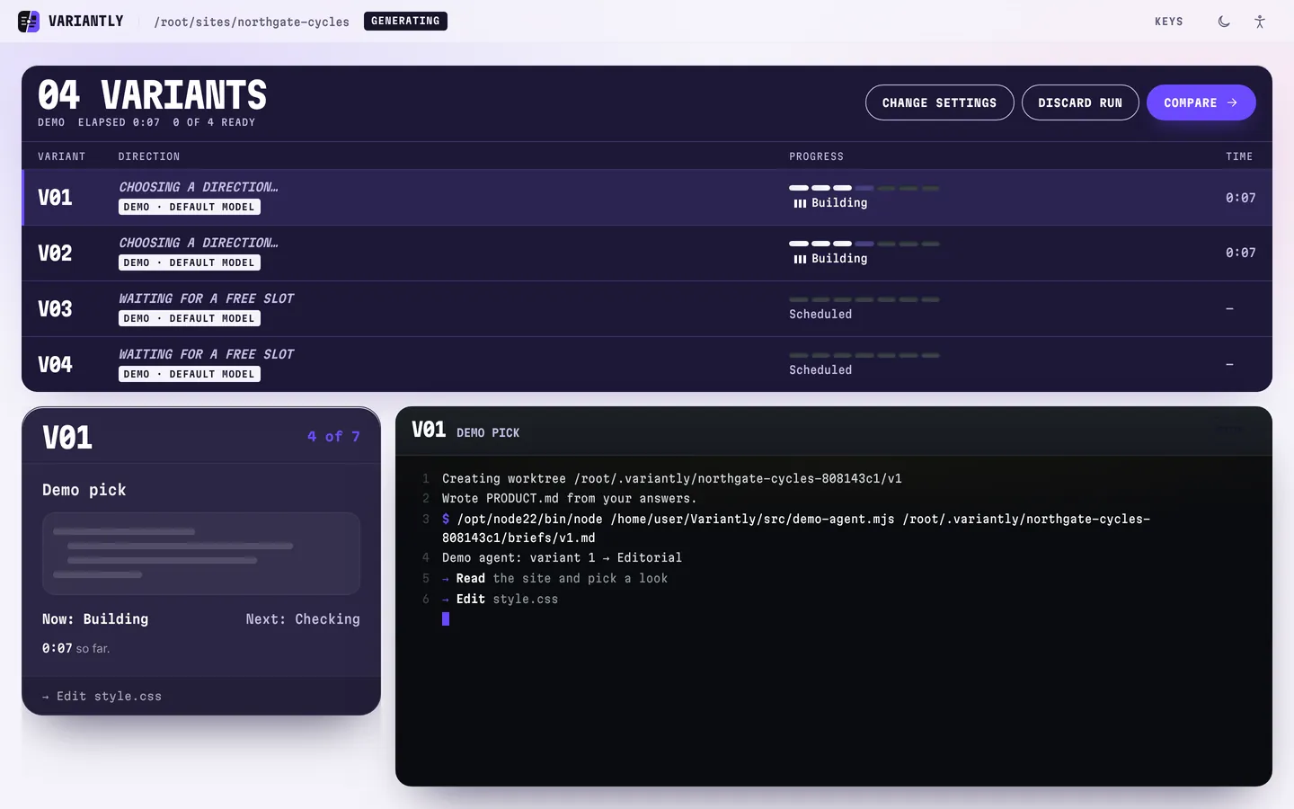 The departures board: V01 and V02 building, V03 and V04 waiting for a free slot, with V01’s live log underneath.