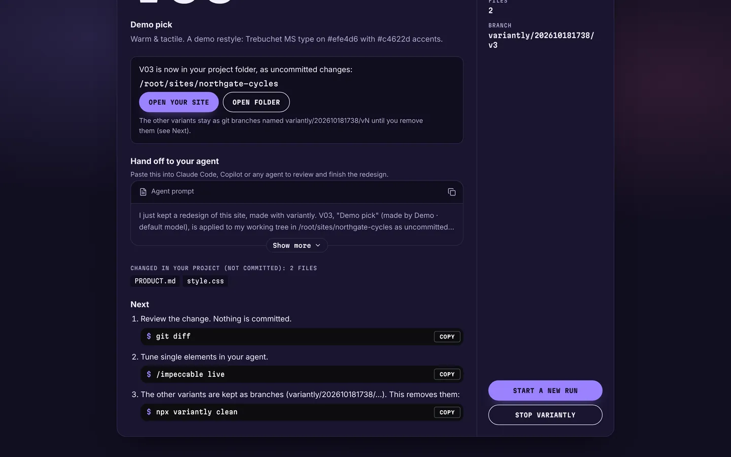 The kept screen: V03 applied as uncommitted changes, a hand-off prompt for your agent, and the next commands.
